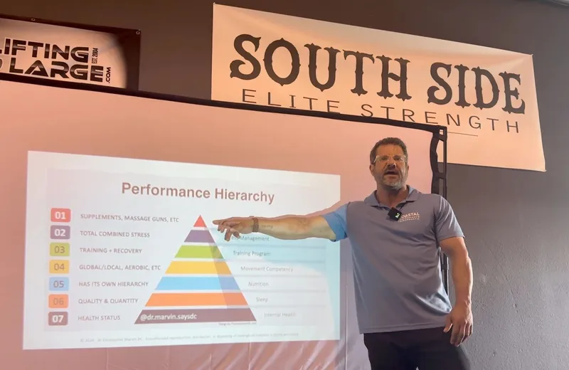 Man presenting a performance hierarchy chart at South Side Elite Strength gym.